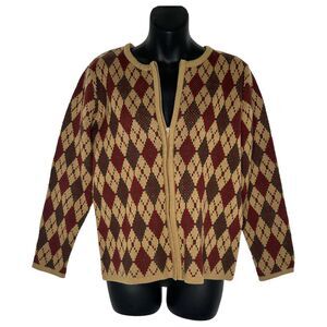 CLASSIC ELEMENTS Womens Vintage Brown‎ Argyle Zip Cardigan Size Petite Small